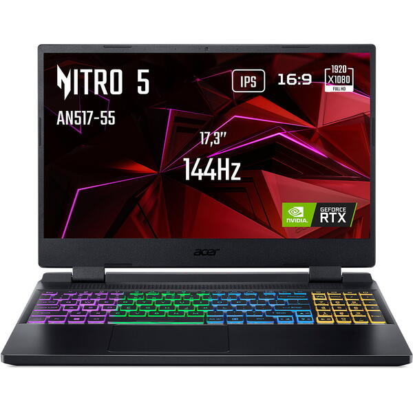 Laptop Gaming Acer Nitro 5 AN517-55, 17.3 inch FHD IPS 144Hz, Intel Core i5-12450H, 16GB DDR5, 512GB SSD, GeForce RTX 3050 4GB, Black