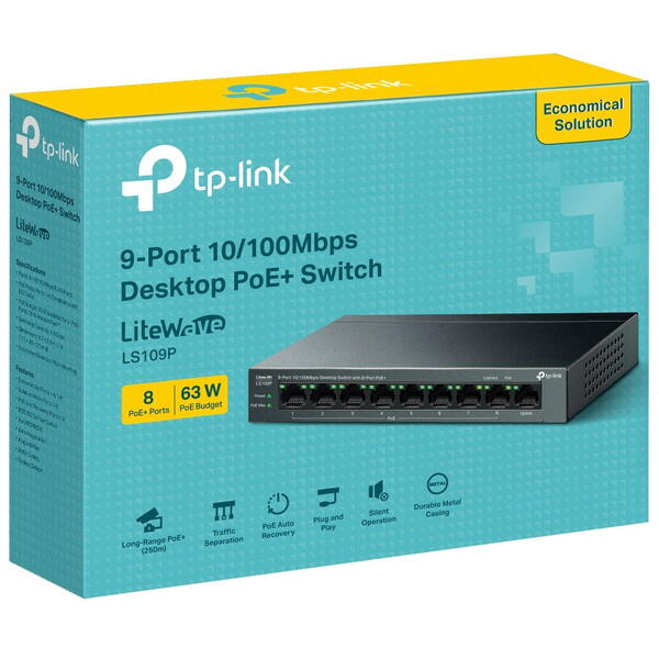 Switch TP-LINK LS109P 9 porturi 10/100 Mbps, 8-Port PoE