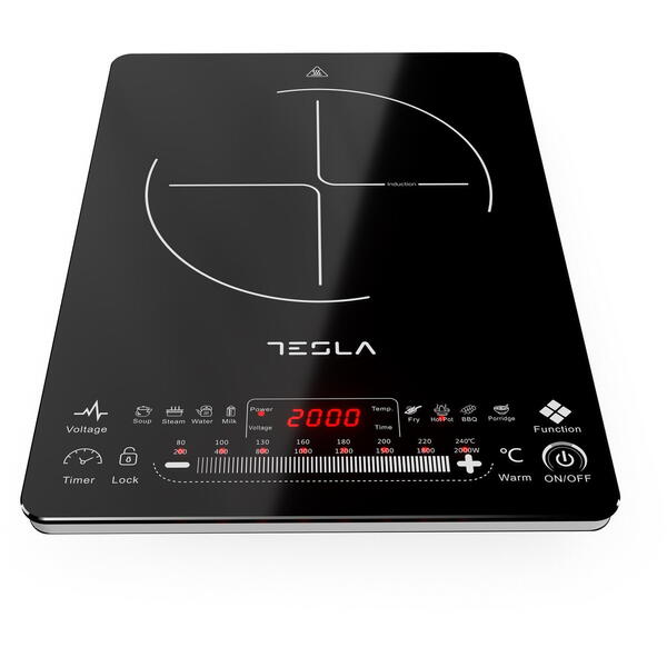 Plita portabila cu inductie Tesla IC400B, 2000W, 25x25cm, 8 niveluri putere, 9 programe gatire, senzor touch control, Sticla, Negru