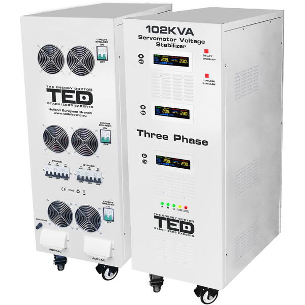 Stabilizator de tensiune TED Electric trifazat 242V-520V 70KW cu ServoMotor, sinusoidala pura, ecran LCD