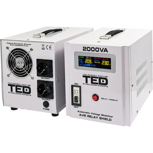 Stabilizator de tensiune TED Electric monofazat 1200W 230V cu 2 iesiri Schuko, sinusoidala pura, ecran LCD