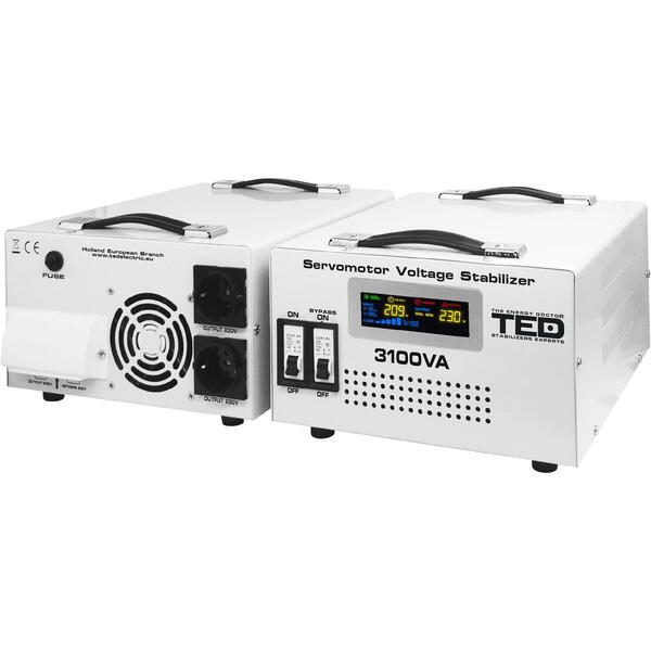 Stabilizator de tensiune TED Electric monofazat 1.8KW 1800W cu ServoMotor, 2 iesiri Schuko, ecran LCD