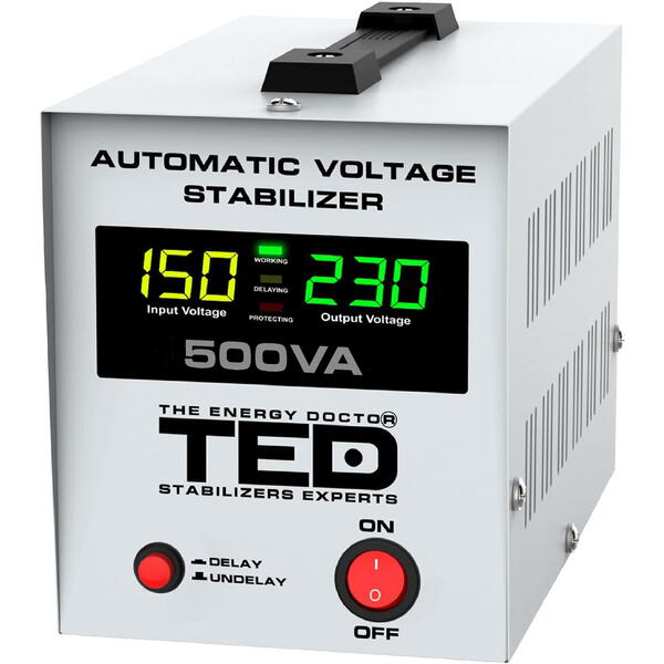 Stabilizator de tensiune TED Electric monofazat 300W 230V cu 2 iesiri Schuko, sinusoidala pura, ecran LCD