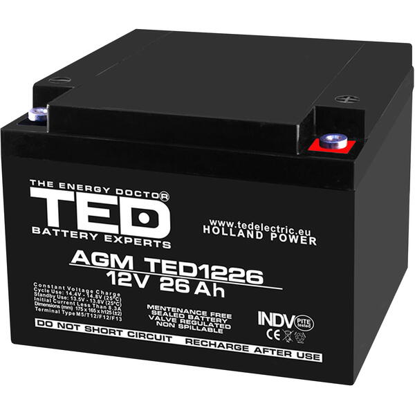 Acumulator UPS TED Electric 12V Stationar VRLA, 26Ah M5