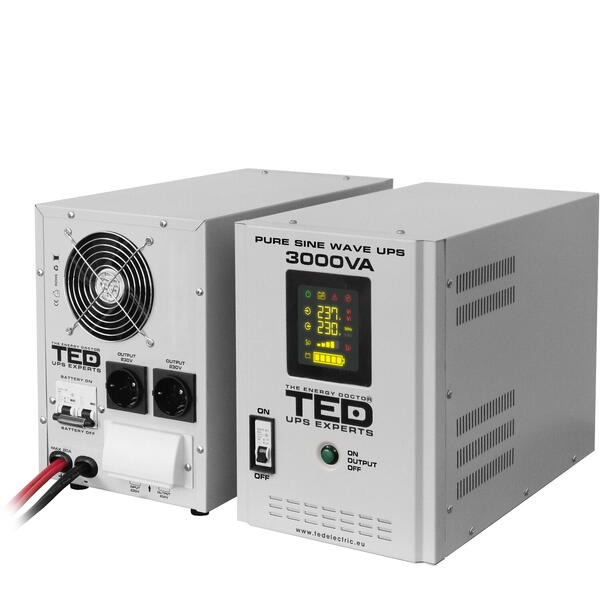 UPS TED Electric Pentru Centrala, 3000VA 2100W cu Ecran LCD, Utilizeaza 2x Baterie 12V, Neincluse