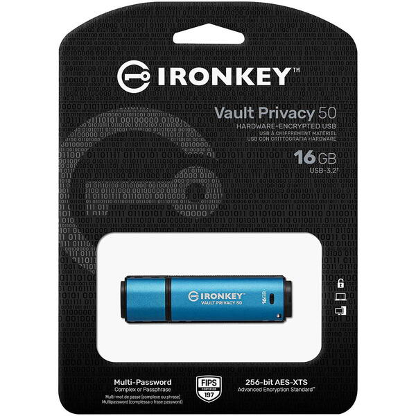 Memorie USB Kingston IronKey Vault Privacy 50C AES-256 Encrypted 16GB, USB 3.2 Blue