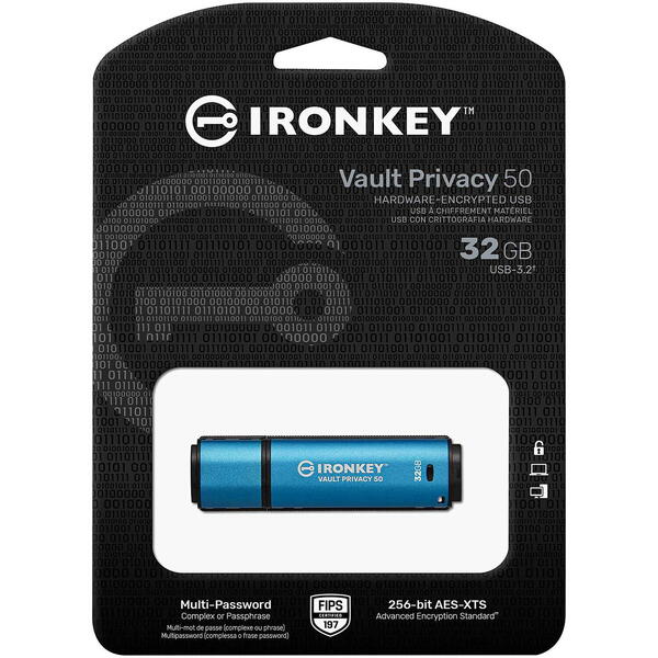 Memorie USB Kingston IronKey Vault Privacy 50C AES-256 Encrypted 32GB, USB 3.2 Blue