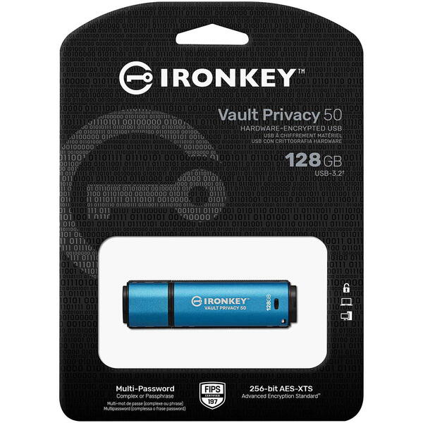 Memorie USB Kingston IronKey Vault Privacy 50C, AES-256 Encrypted 128GB USB Type C Blue