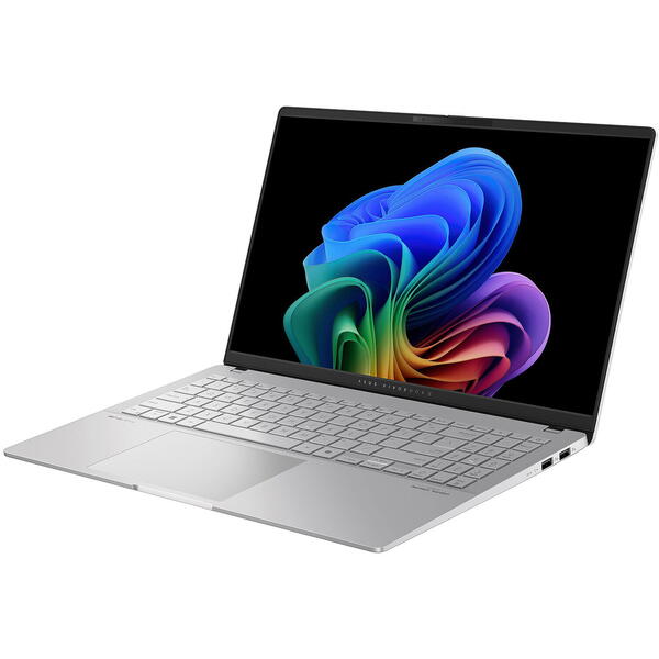 Laptop Asus Vivobook S 15 OLED Copilot+ PC S5507QA, 15.6 inch 3K 120Hz, Qualcomm Snapdragon X Elite X1E-78-100, 16GB LPDDR5X, 1TB SSD, Qualcomm Adreno, Win 11 Pro, Cool Silver