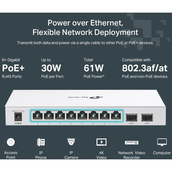 Switch TP-LINK FESTA FS310GP, 10 porturi Gigabit, 8 PoE+, 2x SFP