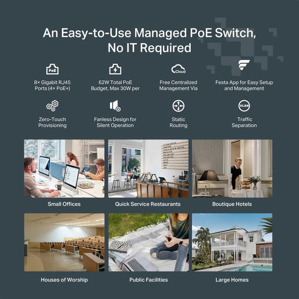 Switch TP-LINK FESTA FS308GP, 8 porturi Gigabit, 4 PoE+