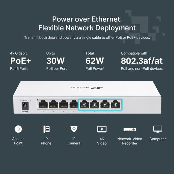 Switch TP-LINK FESTA FS308GP, 8 porturi Gigabit, 4 PoE+