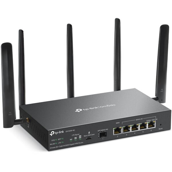 Router Wireless TP-LINK ER706W-4G VPN Gigabit, Omada 4G+ AX3000 Dual-Band WiFi 6 Gigabit