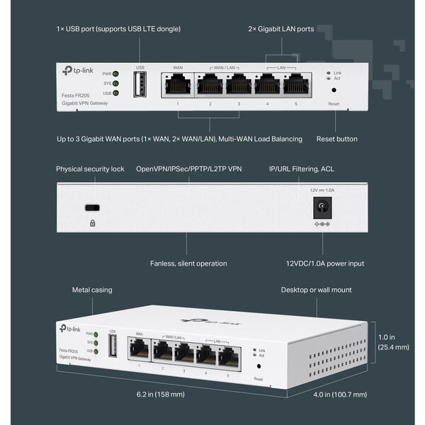 Router TP-LINK Festa FR205 VPN, 1x Gigabit WAN,2x Gigabit WAN/LAN port, 1 USB 2.0