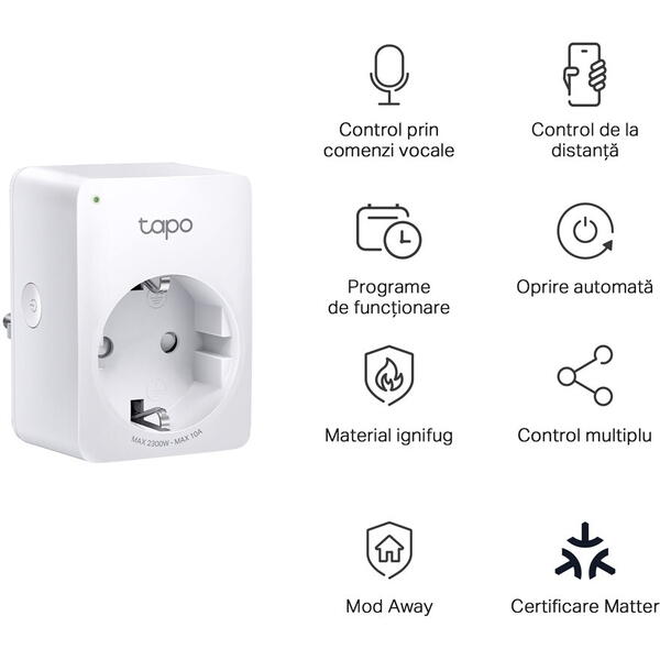 Priza cu Protectie TP-LINK Tapo P100M Mini Mini priză Wi-Fi smart, compatibilă cu Matter