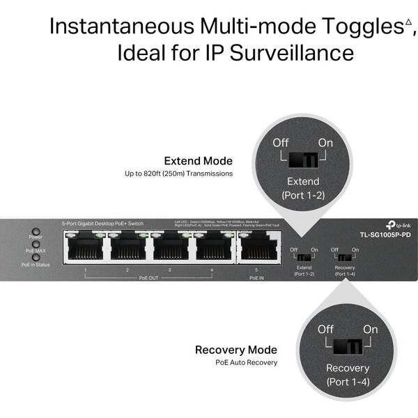 Switch TP-LINK TL-SG1005P-PD, 5 porturi Gigabit, 1-Port PoE++ in si 4 PoE+ out