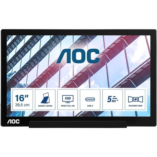 Monitor LED AOC Portabil I1601P 15.6 inch FHD IPS 5 ms 60 Hz USB-C Negru