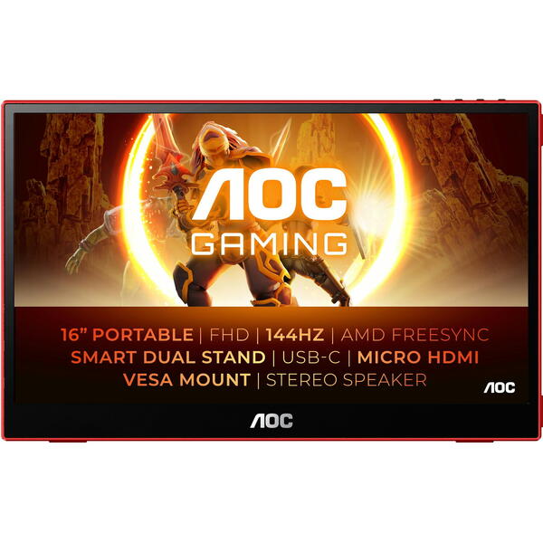 Monitor Gaming AOC Portabil AGON 16G3 15.6 inch FHD IPS 4 ms 144 Hz USB-C Negru/Rosu