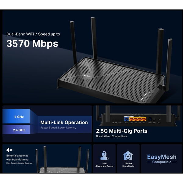 Router Wireless TP-LINK ARCHER BE230 Dual-Band WiFi 7, 2.5 Gbps