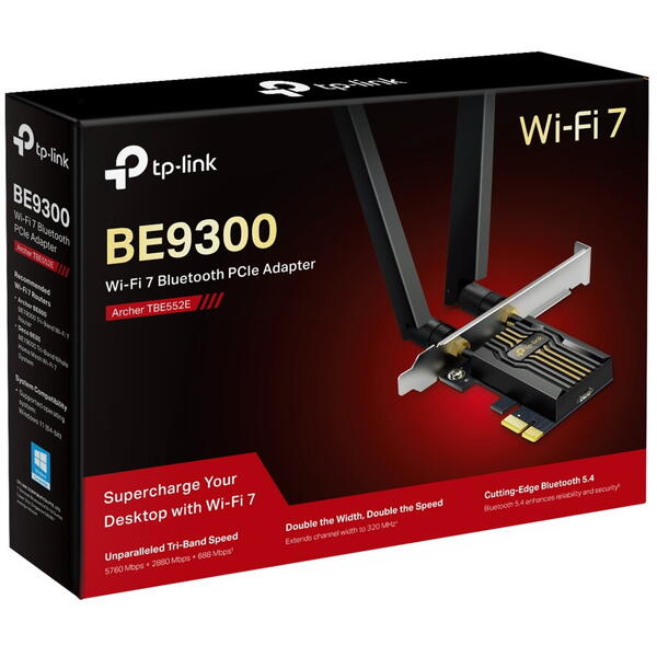 Placa de retea Wireless TP-LINK ARCHER TBE550E, BE9300 Tri-Band Wi-Fi 7 WiFi 7, BT 5.4 PCI-Express