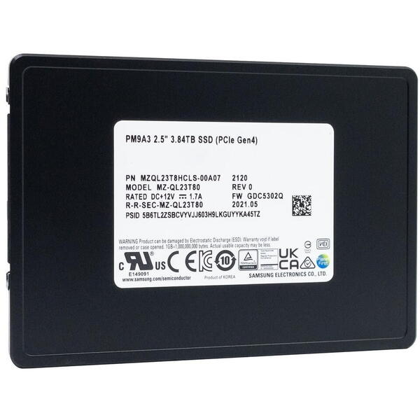 SSD Samsung PM9A3 1.92TB, PCI Express 4.0 x4, 2.5 inch U.2 NVMe