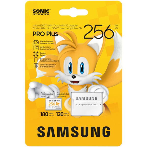 Samsung PRO Plus Sonic the Hedgehog 256 GB, Class 10, UHS-I U3, V30, A2 + Adaptor SD