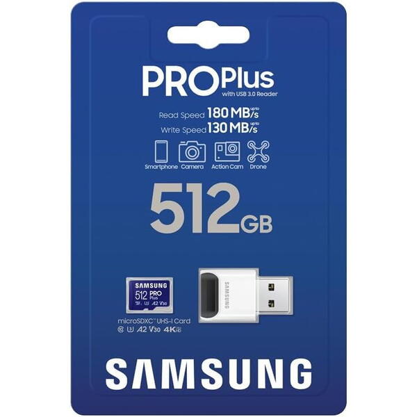 Samsung PRO Plus MB-MD512SB/WW 512GB, Class 10, UHS-I U3, V30, A2 + Adaptor USB