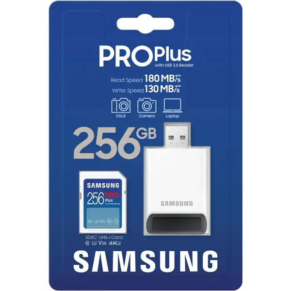 Card Memorie Samsung SDXC PRO Plus 256GB, Class 10, UHS-I U3, V30 + Adaptor USB