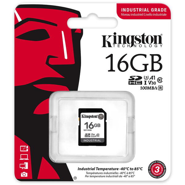Card Memorie Kingston SDHC Industrial 16GB, Class 10, UHS-I U3, V30, A1